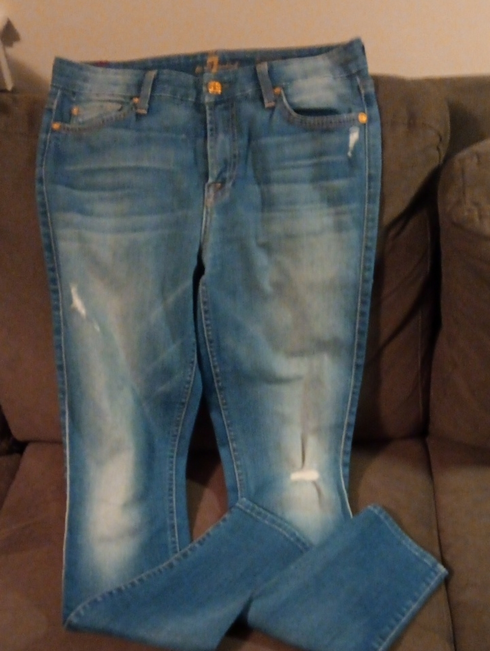 7 For All Mankind Blue Women's Midrise Skinny Size 28, Distressed Jeans